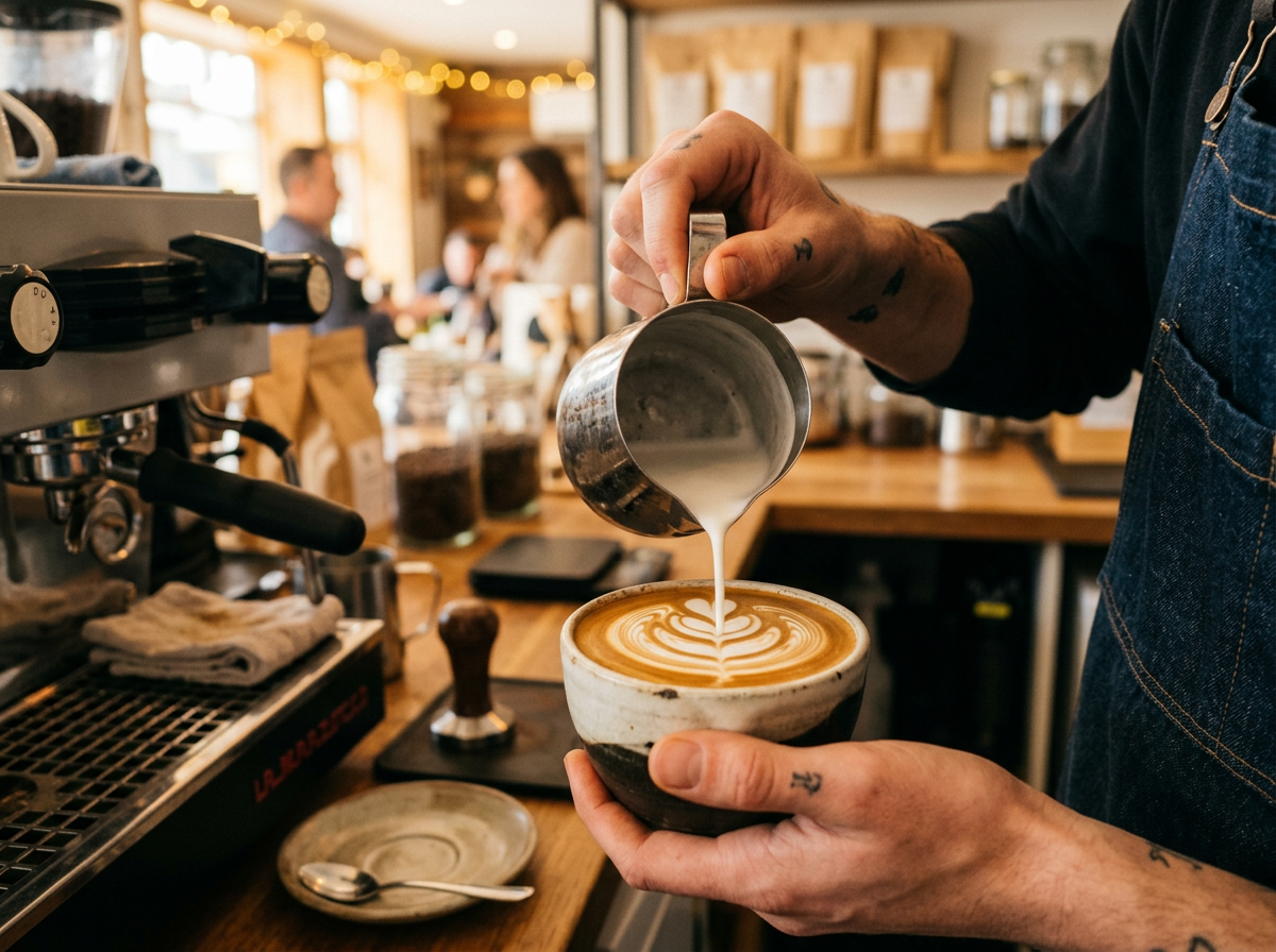 Barista crafting latte art