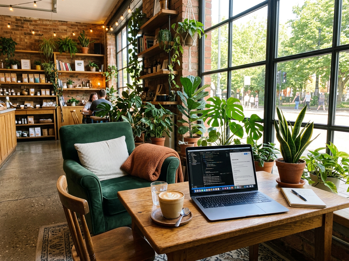 Warm seating area and laptop setup